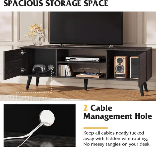 Miniatura 5 de WLIVE Soporte de TV moderno Mid-Century para TV de 55/60 pulgadas, centro de entretenimiento con almacenamiento y estantes ajustables, consola Negro