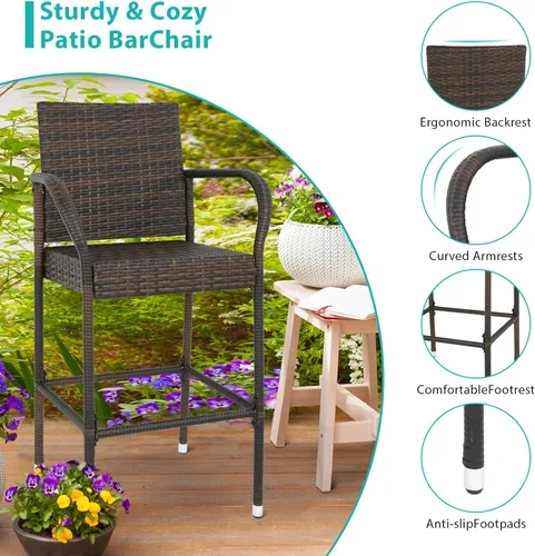 Miniatura 4 de LEMY Taburetes de bar para exteriores, juego de 2 sillas de mimbre para patio, muebles de ratán para interiores con reposabrazos para jardín
