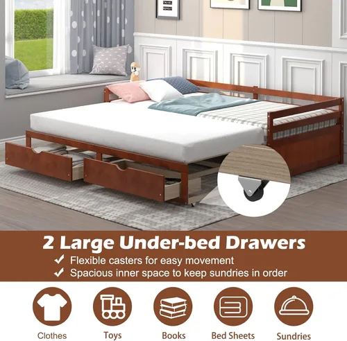 Miniatura 4 de DORTALA Sofá cama individual a King con nido y 2 cajones de almacenamiento, moderno sofá cama extensible con cama extraíble, sofá cama de doble uso
