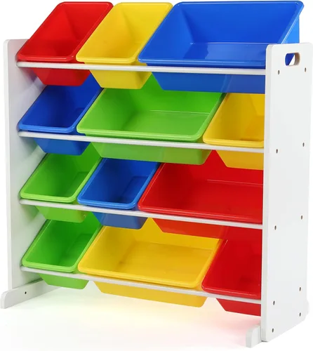 Miniatura 12 de Humble Crew Organizador de almacenamiento de juguetes para niños con 12 cubos de plástico, madera natural/aguamarina, contenedores extraíbles