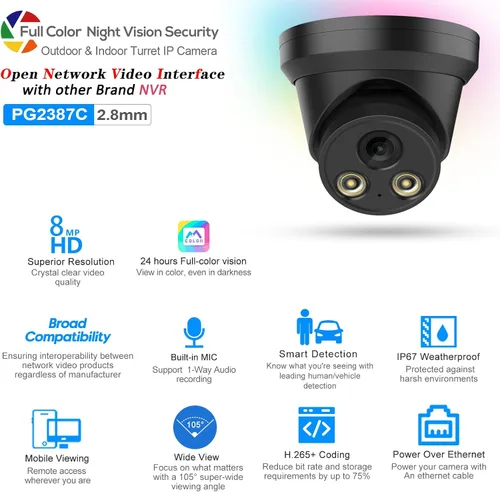 Miniatura 2 de PANOEAGLE Cámara POE a todo color de 8 MP, cámara IP de torreta para exteriores con micrófono, cámaras de seguridad 4K, detección de humanos