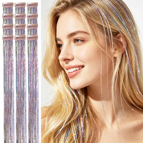 Miniatura 14 de Celinebella 6 extensiones de cabello con clip de mezcla de color rojo, plateado y azul, 6 unidades, resistentes al calor, para mujeres, 17-Azul