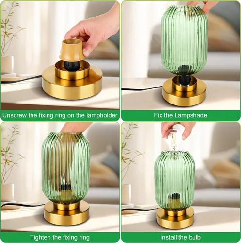 Miniatura 7 de Lámpara de mesa moderna de mediados de siglo, control táctil y regulable de 3 vías, pantalla de vidrio acanalado verde, dorado pequeño, lámpara