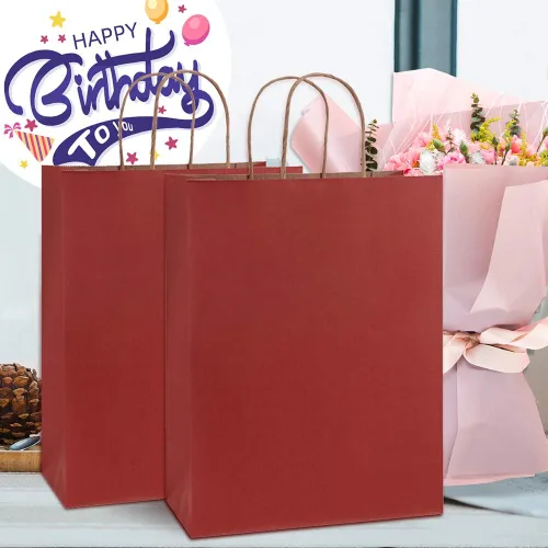 Miniatura 4 de BagDream Bolsas de regalo de 10 x 5 x 13 pulgadas, 50 bolsas de papel kraft grandes de rayas rojas con asas a granel para compras, mercancía, venta