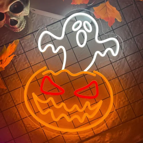 Miniatura 9 de Letrero de neón de calabaza fantasma de Halloween, cara de fantasma, luz de neón espeluznante de calabaza de neón, letreros LED regulables