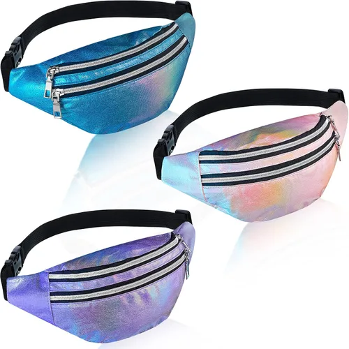 Riñonera holográfica de 3 piezas para mujeres, hombres y niños, cintura deportiva de color metálico con bolsas y cinturón ajustable, paquete de