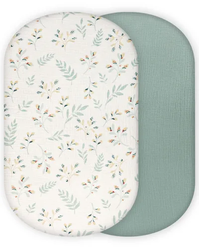 Miniatura 8 de Blissful Diary Sábanas de moisés de muselina para bebés niñas y niños, algodón suave bohemio ajustadas para colchón oval, reloj de arena, Verde