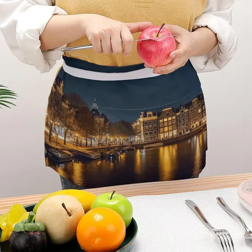 Miniatura 7 de Amsterdam Night View Print Server Aprons with 3 Pockets, Cute Waist Apron, Waterproof Half Apron for Cooking, Painting, Kitchen Baking, Service