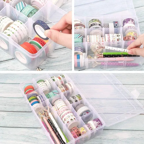 Miniatura 4 de SGHUO Paquete de 3 cajas organizadoras de plástico grandes de 15 rejillas, 15 compartimentos con divisores para caja de aparejos, cuentas, cinta