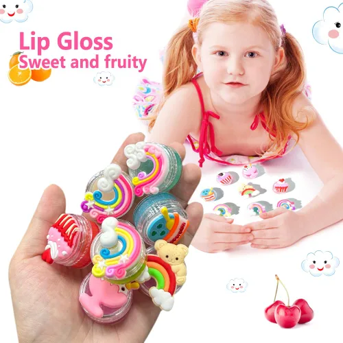 Miniatura 3 de Mebtmel 8 piezas de brillo labial lindo para niñas, set de bálsamo labial para regalos de fiesta para niños, sabores surtidos afrutados con diseños