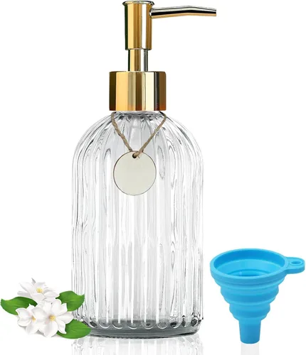 Miniatura 9 de 14Oz Black Pump Glass Soap Dispenser, Brown Stripe Countertop Refillable Liquid Bottle Hand Dish Lotion Dispenser with Plastic Pump, for Kitchen