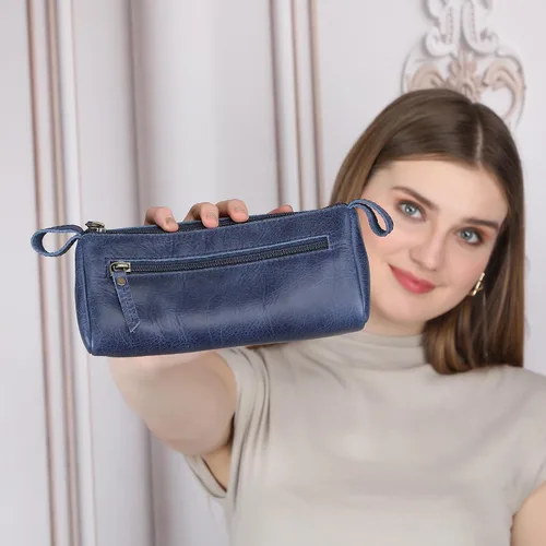 Miniatura 5 de Bolsa de maquillaje de cuero para mujer, bolsa de cosméticos de cuero genuino, bolsa de maquillaje hecha a mano con cremallera, bolsa de aseo Azul