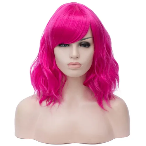 Miniatura 16 de BUFASHION Peluca rizada corta ondulada de 14 pulgadas para mujer, peluca sintética para cosplay, Halloween, peluca con flequillo lateral (negro)