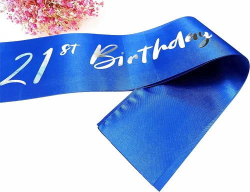 Miniatura 5 de Banda de cumpleaños número 21, bandas suaves de satén azul con letras plateadas, decoraciones de cumpleaños para niñas o niños, suministros de 21