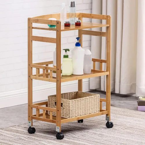Miniatura 2 de Carrito de almacenamiento de bambú de 3 niveles, carrito utilitario de cocina con ruedas con estante de almacenamiento, carrito rodante con estantes