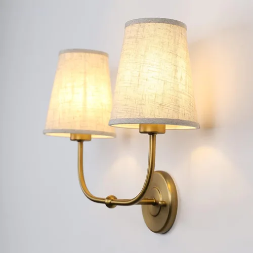 Miniatura 8 de Apliques de pared de 2 luces con embudo de tela de lino, lámparas de pared de doble luz para dormitorio, sala de estar, tocador, baño, pasillo, Latón