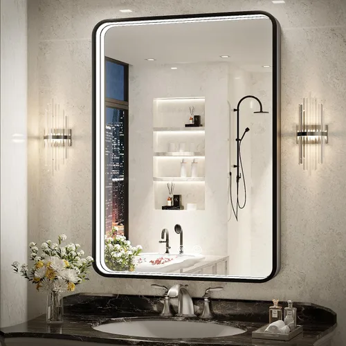 Miniatura 24 de Espejo de baño LED de 20 x 28 pulgadas con luces, marco de metal negro, espejo de tocador iluminado para pared, espejo LED regulable de 3000 K/4500