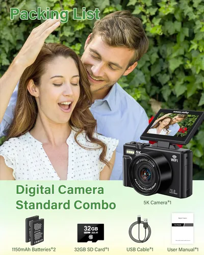 Miniatura 7 de Cámara digital 5K para fotografía, cámara WiFi de 75 MP para YouTube con pantalla abatible de 180° de 3 pulgadas, cámara de video de enfoque Negro