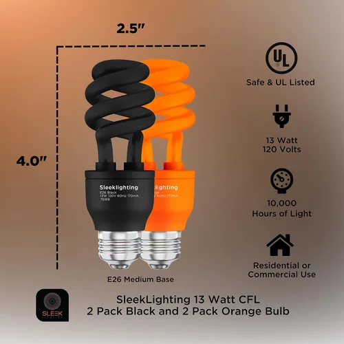 Miniatura 2 de Bombilla CFL en espiral de 13 W, aprobada por UL, 120 voltios, base mediana E26 (paquete de 4) (negro y naranja)