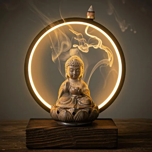 Quemador de incienso de Buda de cerámica, con cascada, soporte chino para quemador de incienso con luz LED, conos de incienso para decoración del