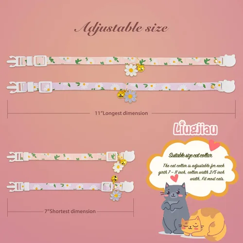 Miniatura 2 de Paquete de 2 Collares Separables de Algodón para Gatos con Campana y Pendientes de Flores Rosas y Moradas Lindo Collar para Gatito Adecuado