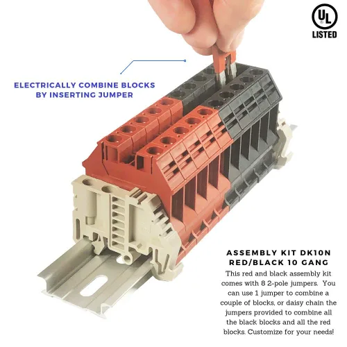 Miniatura 2 de Kit de ensamblaje Dinkle DK10N rojo/negro de 10 grupos con puentes, bloques terminales de riel DIN, 6-20 AWG, 60 amperios, 600 voltios UL reconocido