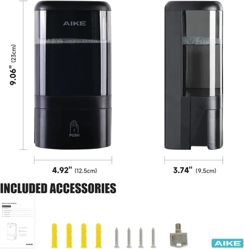 Miniatura 7 de AIKE Dispensador de jabón líquido de montaje en pared para baños comerciales, oficinas, restaurantes, 40 onzas, gran capacidad, AK1007, color negro
