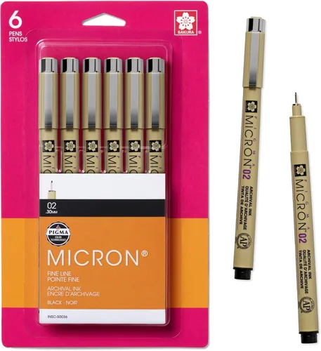 SAKURA Pigma Micron 50036 - Bolígrafos fineliner, tamaño de punta 02, tinta negra archival, 6PK