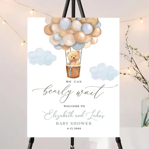 Miniatura 17 de Letrero de bienvenida personalizado de oso azul para niño "We Can Bearly Wait Baby Shower", decoración, letrero de bienvenida para bebé niño