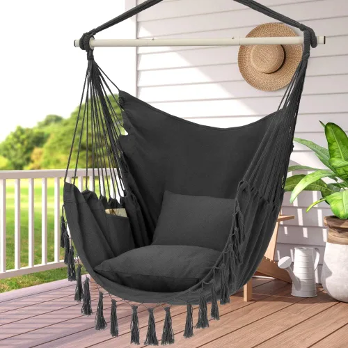 Miniatura 8 de Y- STOP Silla Hamaca Colgante Columpio de Cuerda, Máximo 500 Libras, 2 Cojines Incluidos, Silla Colgante Grande de Macramé con Bolsillo, Tejido