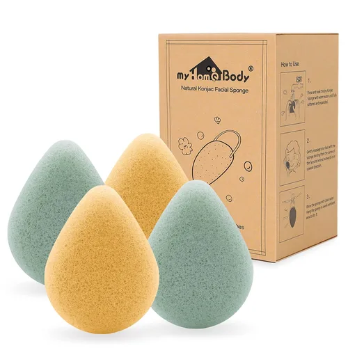 Miniatura 7 de myHomeBody Esponjas faciales naturales Konjac – forma de lágrima – para una limpieza y exfoliación facial suave – con carbón activado y aloe vera