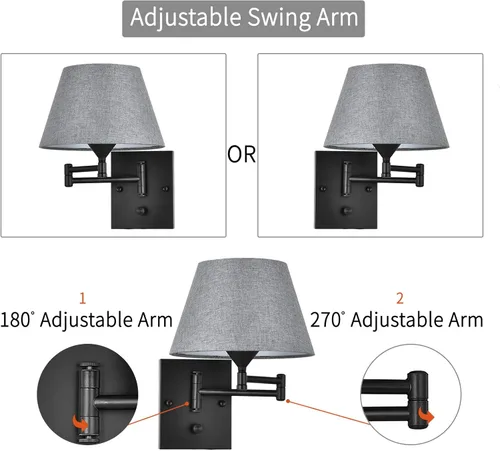 Miniatura 3 de Pauwer Juego de 2 apliques de pared enchufables con brazo oscilante con cable de enchufe y pantalla de tela gris, accesorios de pared para pasillo