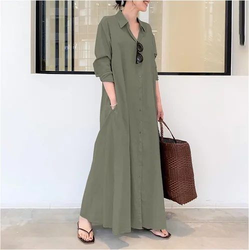 Miniatura 2 de UODSVP Vestidos de otoño de algodón y lino a rayas para mujer vestido irregular de temperamento holgado vestidos de manga larga