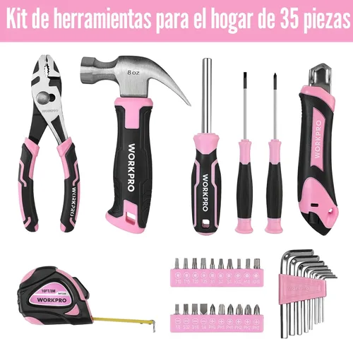 Miniatura 3 de WORKPRO Juego de herramientas rosas de 35 piezas, kit de herramientas para el hogar con caja de herramientas de almacenamiento, juego