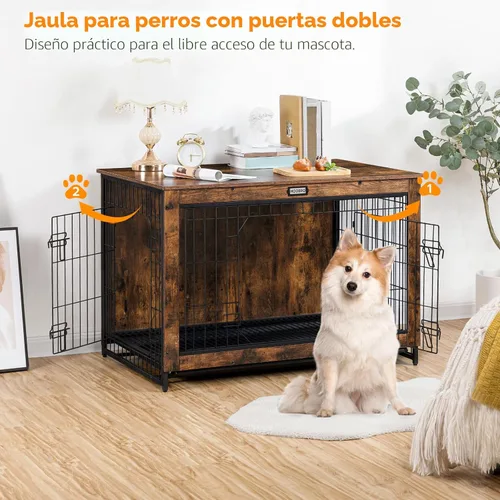 Miniatura 4 de HOOBRO Mueble de jaula para perros, perrera grande de 38.6 pulgadas para interiores, jaula de madera con bandeja extraíble, mesa auxiliar de casa