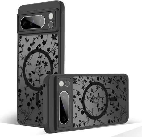 Miniatura 30 de Funda magnética para Google Pixel 10A [Compatible con MagSafe] Funda con patrón floral de flores negras para mujeres y niñas, con borde de TPU Rama