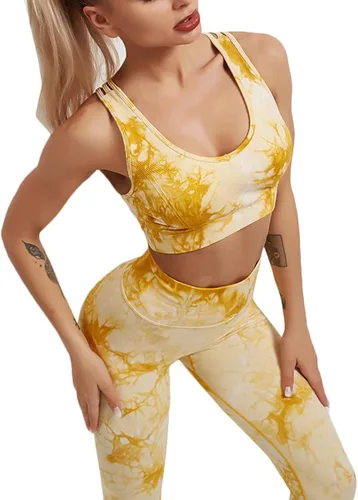 Miniatura 2 de YuMENo Conjuntos de entrenamiento de teñido anudado para mujer, 2 piezas, sin costuras, cintura alta, leggings de yoga con brasier deportivo, ropa