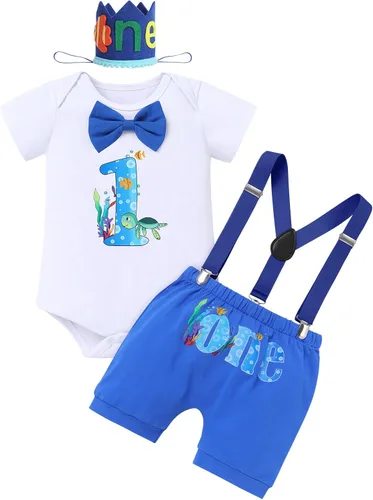 Miniatura 9 de IMEKIS Conjunto de ropa para bebé niño con estampado de pastel de 1er cumpleaños con corbatín + tirantes + pantalones cortos + corona de baloncesto