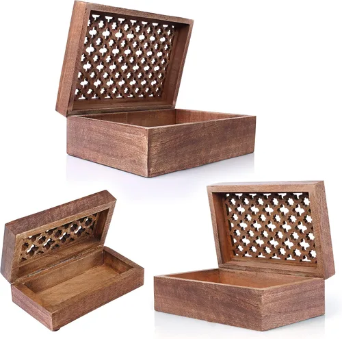 Caja decorativa de madera 3 en 1 con tapa con bisagras – Caja de almacenamiento de esmalte mediana "Trellis – Caja decorativa hecha a mano con tapa