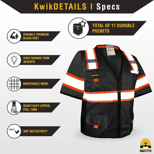 Miniatura 4 de KwikSafety - Charlotte, NC - Men's & Women's Class 3 Safety Vest PPE Hi Vis Reflective ANSI OSHA Negro con mangas Hombre 1 Pack