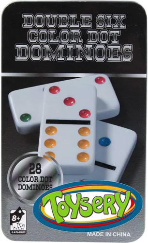 Toysery Juego de dominó doble de 6 con puntos de colores. Juego de 28 piezas de dominó blancos para niños con estuche de estaño. Juego educativo
