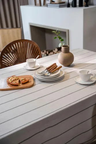 Miniatura 3 de ArtBud Manteles de Lino de Algodón Boho Estilo Granja Tela Pesada Cubierta de Mesa Arpillera a Rayas Lavable Superficie de Mesa para Fiestas Café