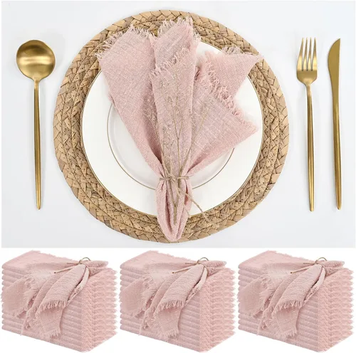 Miniatura 31 de Paquete de 12 servilletas de lino y algodón beige de 16 x 16 pulgadas, hechas a mano con flecos, servilletas de tela suave, lavables y rústicas