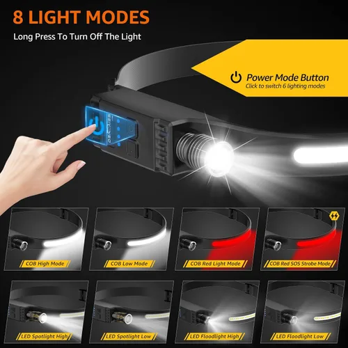 Miniatura 5 de Linterna recargable Demlaies con luz roja, paquete de 2 luces de cabeza súper brillantes de 230° de haz ancho, 30 horas de duración, 8 modos