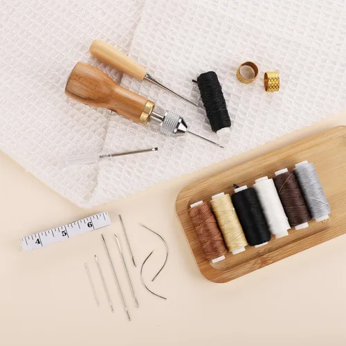 Miniatura 5 de Kit de punzón de costura, herramienta portátil, hilo de coser de cuero, kit de hilo encerado para manualidades de reparación de costura de cuero