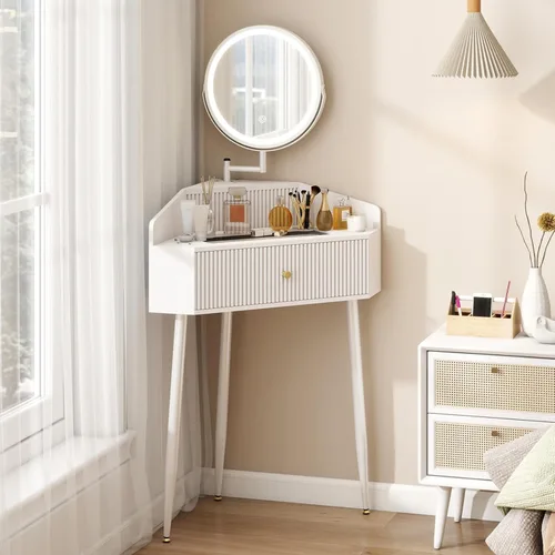 Miniatura 12 de ARTETHYS Escritorio pequeño con espejo y luces, tocador de maquillaje compacto blanco con silla, moderno tocador que ahorra espacio con cajón