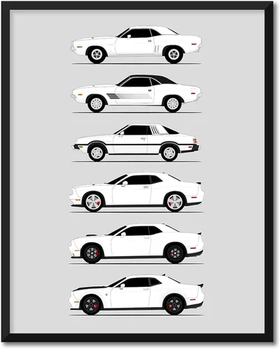 Miniatura 18 de Custom Car Posters Póster hecho a mano compatible con Dodge Challenger Generations e impresión de Challenger SRT, multicolor, impresión metálica