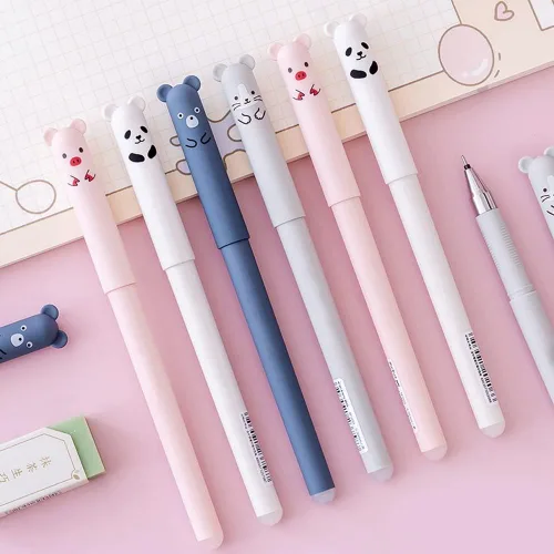 Miniatura 7 de 4 bolígrafos de gel borrables de 0.014 in + 5 repuestos de repuesto, lindos bolígrafos de gel de dibujos animados kawaii, gato, cerdo, oso, panda