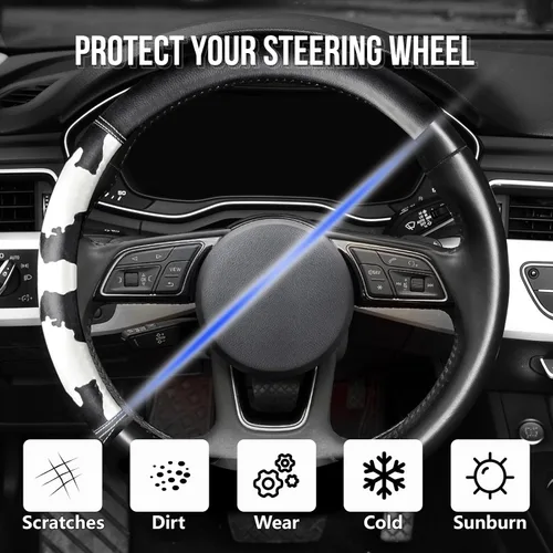 Miniatura 4 de ZHOL Funda para volante con estampado de vaca, cubierta de volante de automóvil en forma de D, piel de microfibra de 14 1/2-15 pulgadas