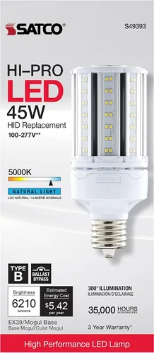 Miniatura 4 de Satco S49393 Bombilla LED de mazorca de maíz, base extendida Mogul, 45 W, clasificación de 35000 horas, 6210 L, luz natural